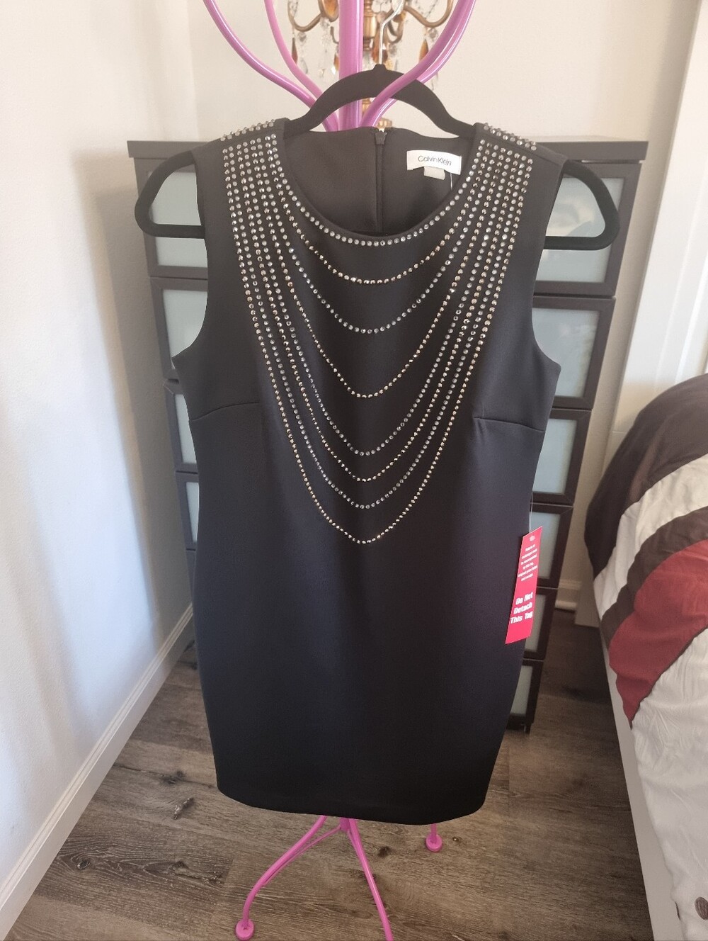 Calvin Klein Black Sleeveless Dress with Layered Silver Stud Chains